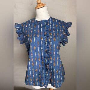 Rare Koch Seersucker Fish Print Blouse XS Blue Cotton Made USA